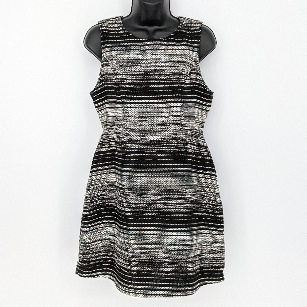 Tulle Sheath Dress M Black Grey Cream Striped Fuzzy Textured Tweed Cotton Wool